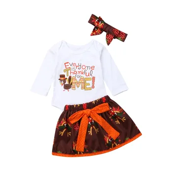 

Turkey set Newborn Kids Baby Girl Clothes Letter Long Sleeve Boysuit tutu Skirt headwer Outfits Set Everyone is thanful for me