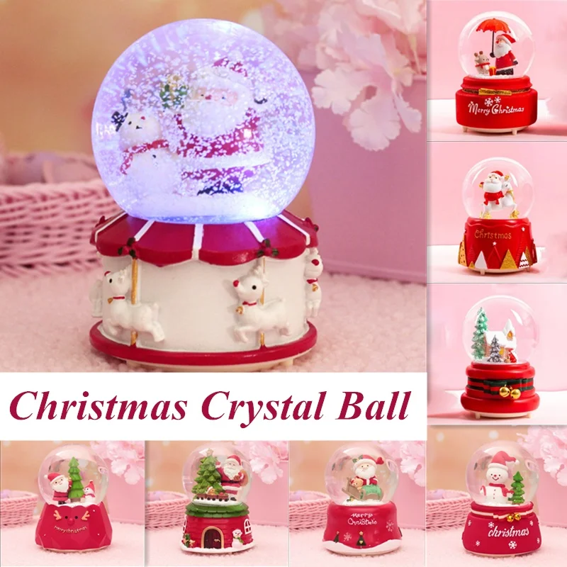 

2019 Christmas Music Box Crystal Ball with Light Snowflakes Xmas Snow Globe Santa Claus Snowball New Year Birthday Gift for Kids