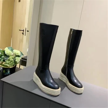 

Women Hemp rope woven shoes Zip knee boots Thick bottom solid color fashion Genuine Leather shoes keep warm in Autumn winter