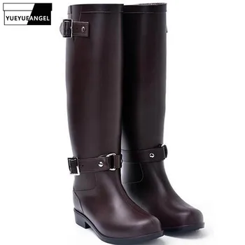 

New Arrival Punk Womens Girls Motor Zipper Low Heel Snow Rain Boot Buck Knee High Boots Waterproof