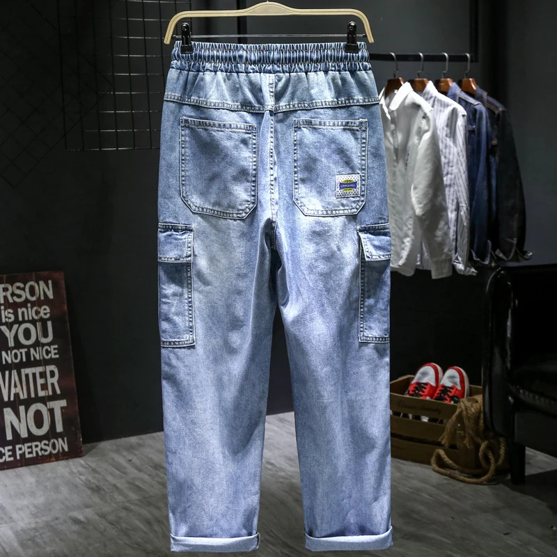 80% OFF Denim Cotton Stretch Casual Jeans Overalls  Men's Clothing Man Large Size Ankle pants multi-pocket Drawstring trousers blue 7XL