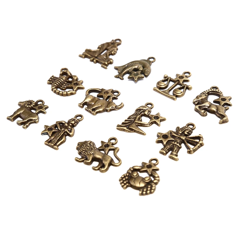 12Pcs/Set Fashion DIY Acc Vintage 12 Constellation Charm DIY Necklace Pendant Craft Jewelry Making Findings Silver/Bronze Color