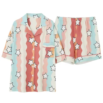 

Women Summer Pyjamas Kawaii Cute Stripes Stars Printed Short Sleeve Shirt And Shorts Sets Sleepwear Cotton Pajamas