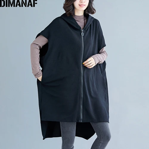 DIMANAF плюс размер Осенняя верхняя одежда женская куртка Одежда большого размера молния летучая мышь без рукавов женские свободные длинные пальто черная одежда - Цвет: GZG99158CN