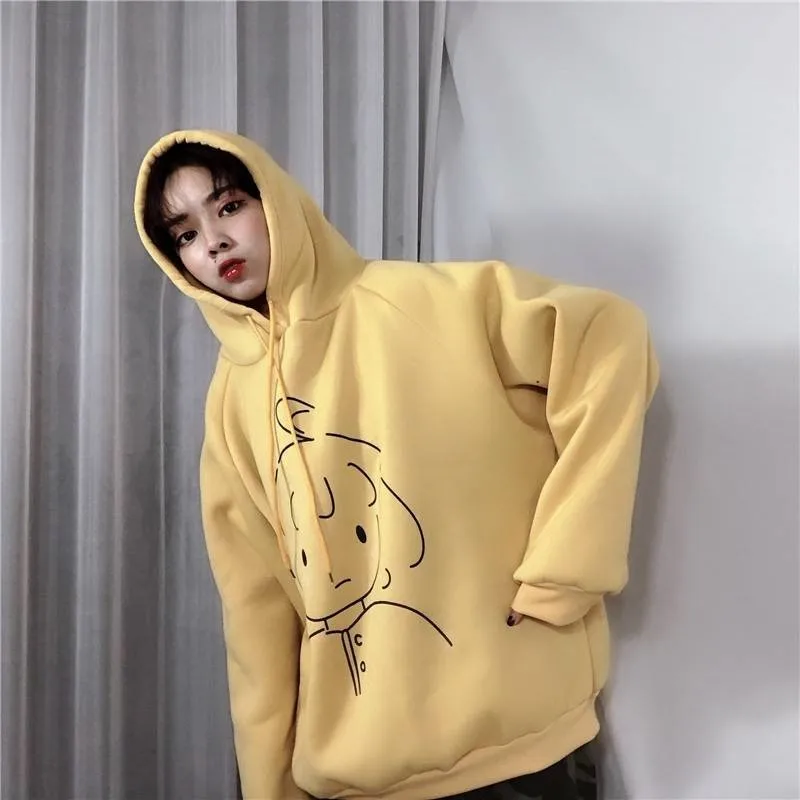 Толстовки женские с принтом Kawaii Ulzzang Harajuku мягкие плюс бархатные Большие размеры уличная простая с капюшоном модная женская толстовка шик
