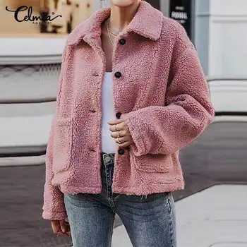 

2020 Plus Size Women Vintage Long Sleeve Fleece Jackets Celmia Casual Pockets Loose Button Faux Fur Coats Elegant Tops Oversized