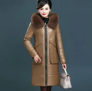 Coffee color Зимний женский пуховик из искусственной кожи, женская новая модная Длинная кожаная куртка с капюшоном, женское кожаное пальто большого размера с меховым воротником YH624 - Цвет: Coffee color