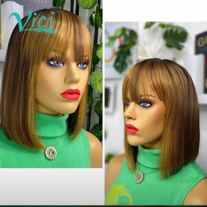 Short Human Hair Wigs With Bangs Highlight Blunt Cut Bob Wig Pre Plucked Baby For Black Women Full Machine Made | Шиньоны и парики