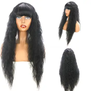 

High Quality Natural Curly Hair Synthetic Wigs with Full Bangs for Women Long Black Fiber Hair Many Colors for Choose With strap