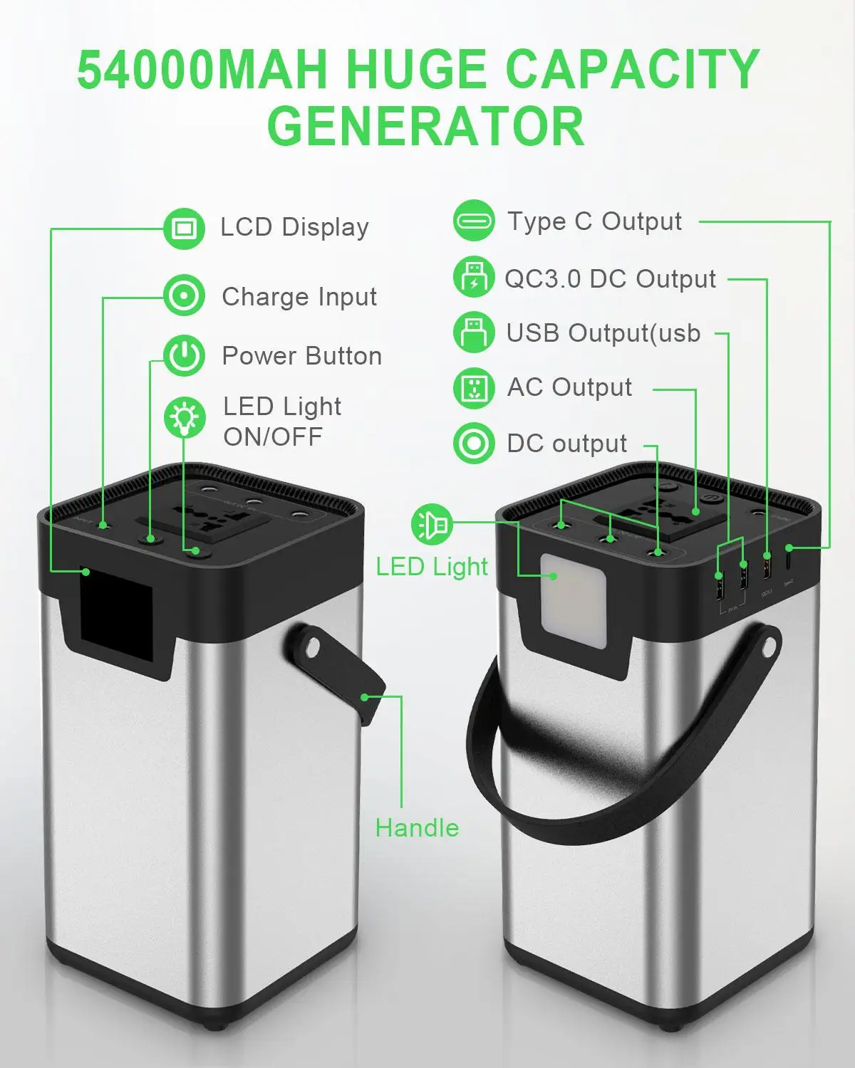 Banco de energía 54000mAh batería externa AC/DC/USB/tipo-c generador portátil de salida múltiple para ventilador de TV, refrigerador de coche, portátil, etc. - 2