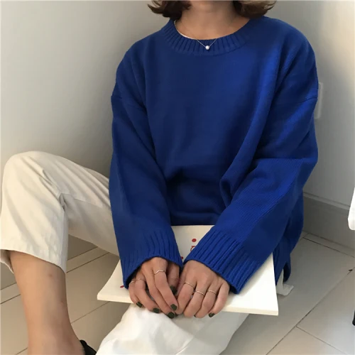 4 цвета, Осень-зима, корейский стиль, сплошной цвет, круглый вырез, вязаный свитер, женские свитера и пуловеры(B8662 - Цвет: Синий