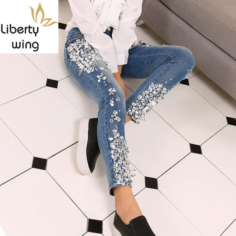 

Fashion Vintage Plus Size Luxury Embroidered Flares Diamond Denim Jeans Women Beaded Skinny Slim Fit Stretch Pencil Pants