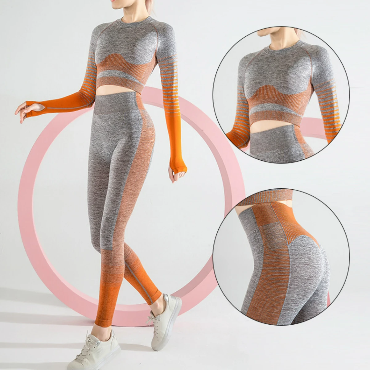 Athletic Contour Outfits Ombre Striped Long Sleeve Seamless 2 Piece Set Yoga Leggings Sport Womens Fitness Gym Clothes Tracksuit