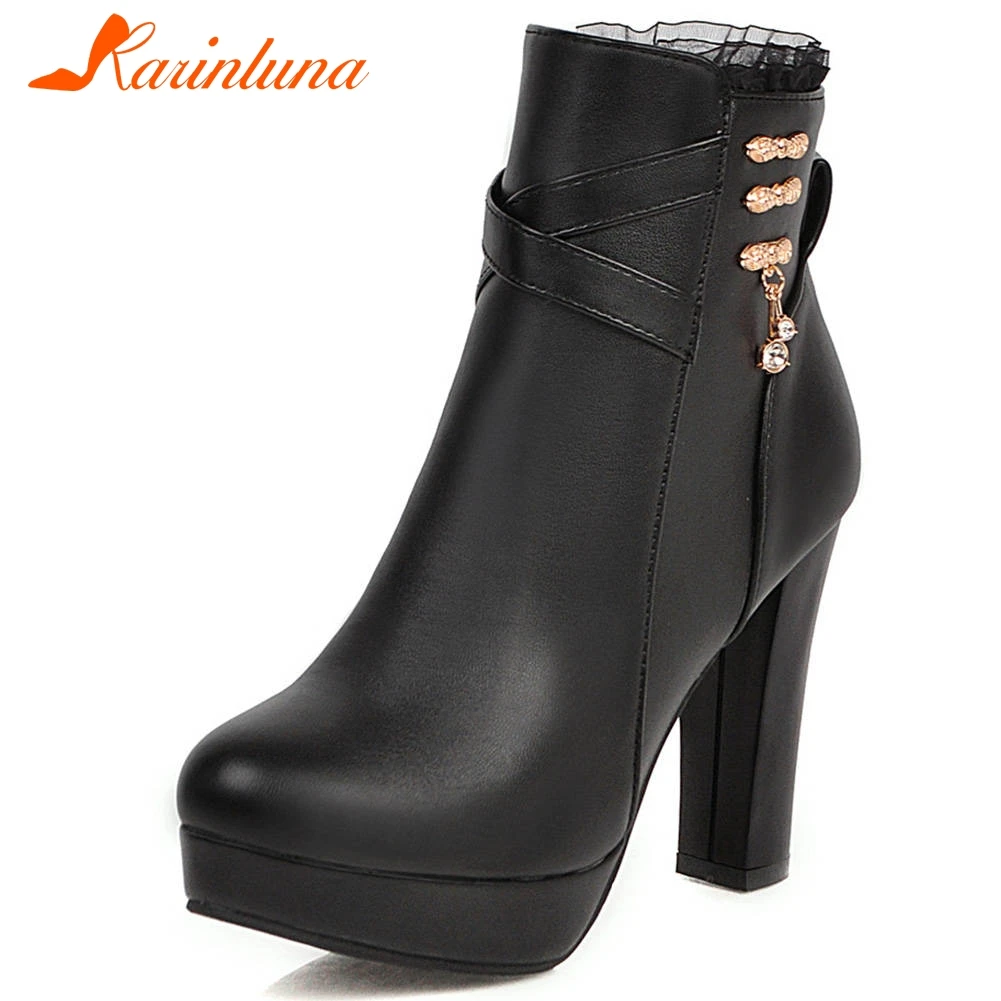 

Karinluna 2020 Dropship Hot Sale Chunky Heels Ankle Boots Woman Shoes Platform Zip Up Add Fur Autumn Winter Boots Women Shoes