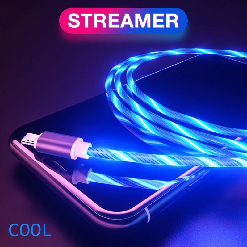 1m Flow Luminous Lighting Cable Fast Charging Micro USB Type C Cable LED Wire Cord Charger For Samsung Phone Microusb Type Cord