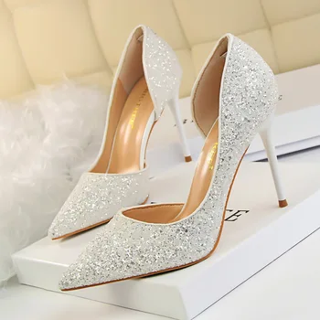 

2020 Women Sexy red Wedding Glitter Scarpins Fetish 9cm High Heels Female Escarpins Lady Valentine Plus Size 43 Gold Party Pumps