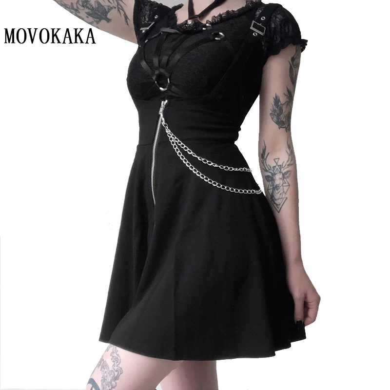 

MOVOKAKA New Punk Vintage Skirt Womens Skirt Fashion Gothic Sexy Pleated Skirt Black Skirts Plus Size Strap Pleated Skirts Women