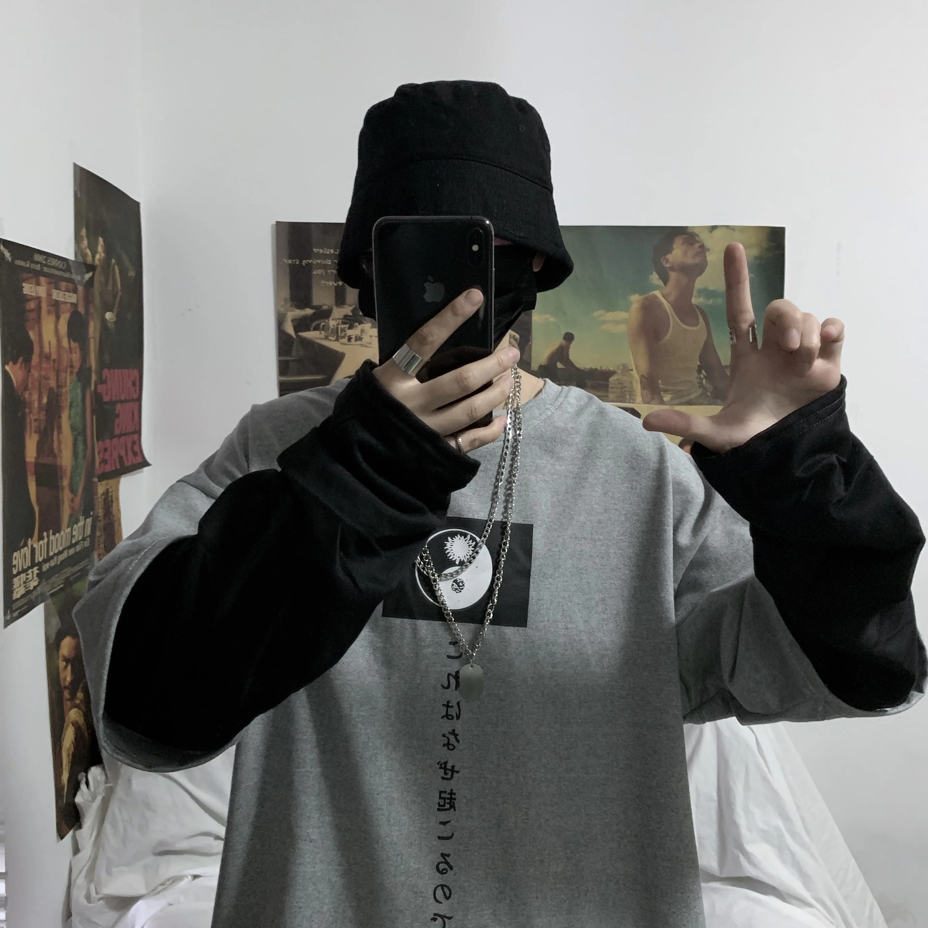 Готика, Харадзюку, панк, графическое кольцо, винтажный принт, пэчворк, контрастный рукав, свободная футболка, футболка, пуловер, Корейская женская, мужская, Повседневная