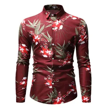 

Casual Blouse Mens dress Shirts Flower Hawaiian style Floral Shirt Men's Clothing Slim fit Blue Red New