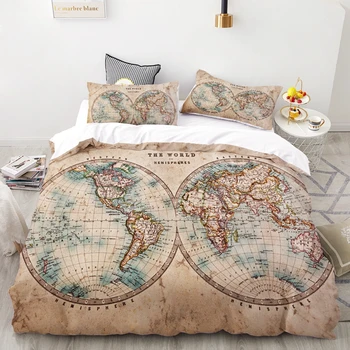 

WarmsLiving World Map Bedding Set Geography Duvet Cover Set Vintage Hemisphere Map Home Textiles Brown Blue Bedclothes 3pcs