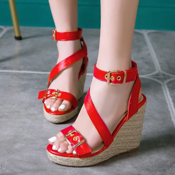 

Karinluna Wholesale Plus Size 50 Casual Straw High Heels Belft Buckles Gladiator Summer Wedges Shoes Woman Sandals Women
