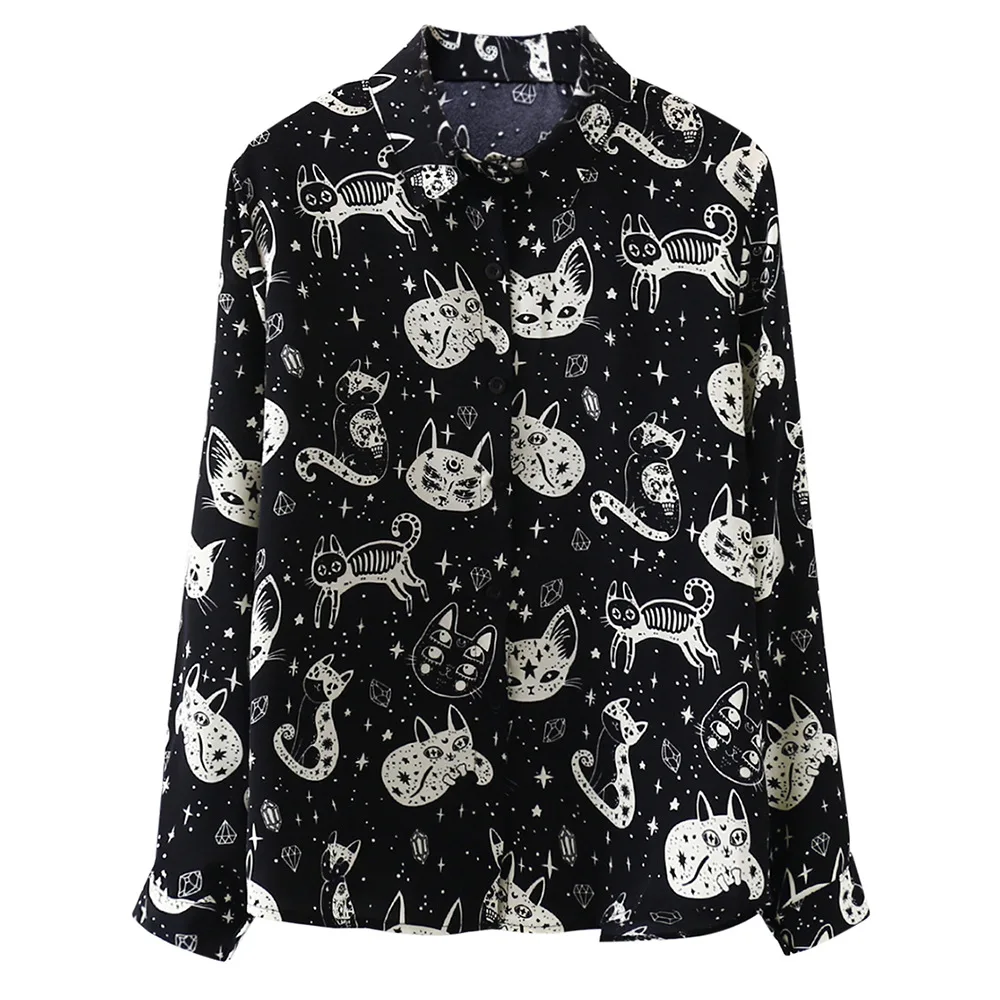  Cute Cat Print Shirts Women Harajuku Gothic Kitten Long Sleeve Loose Blouse Fashion Spring Street C