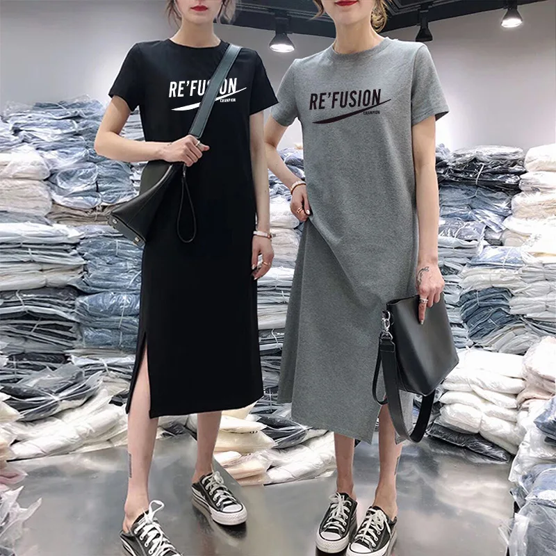 

Short-sleeve Dress Women's Summer New Style Casual Loose-Fit Mid-length over-the-Knee Large Size Large GIRL'S T-shirt Skirt