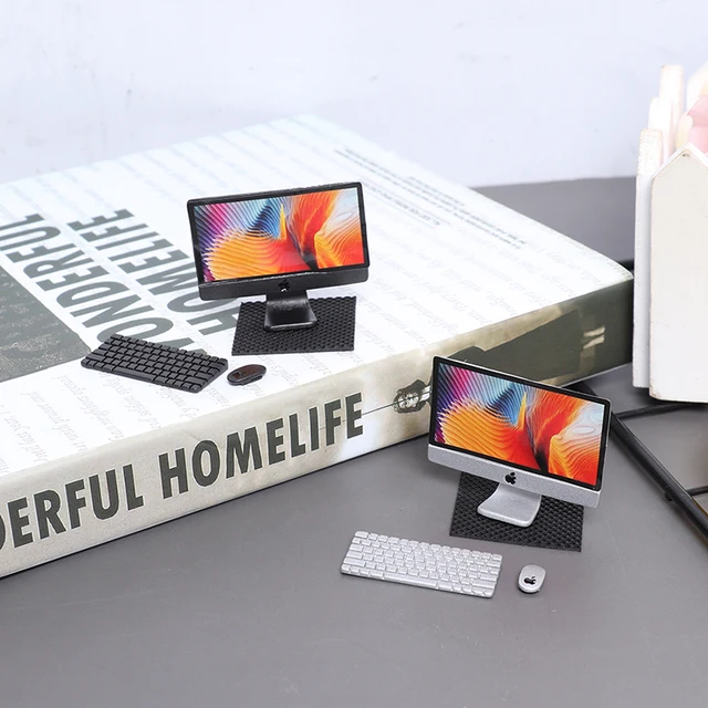 1Set 1/12 Scale Mini Computer + Mouse + Keyboard Book Stationery Model for Miniature Dollhouse Study Room Furniture Accessories 2