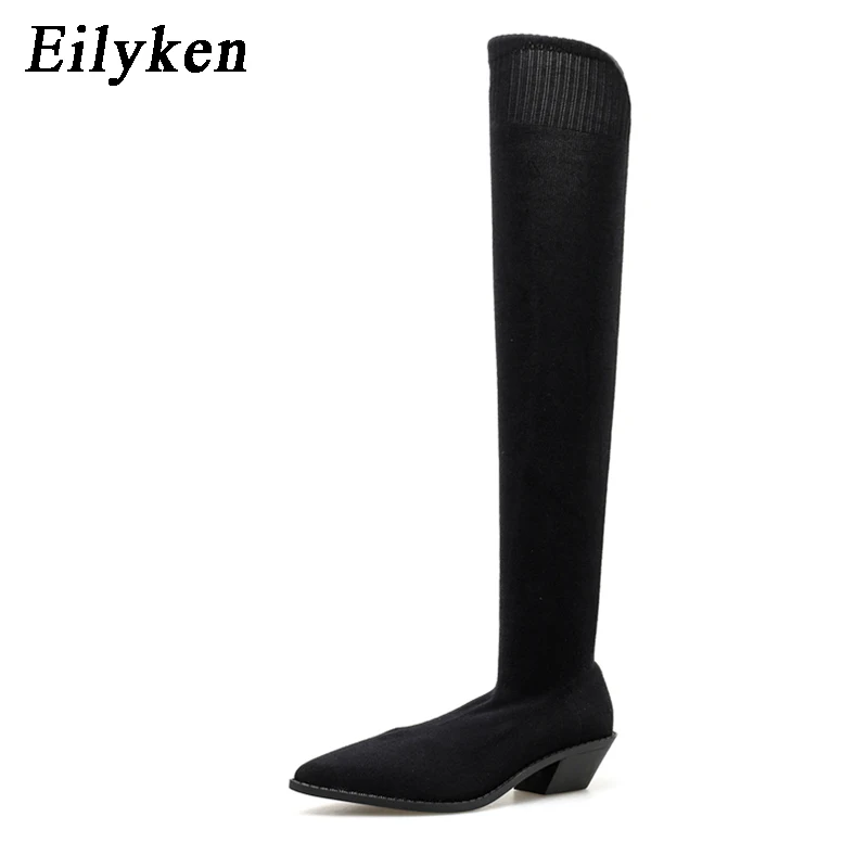 Eilyken/эластичные сапоги; женские ботфорты; обувь для вечеринок; женская обувь на низком каблуке; женская обувь с острым носком; коллекция года; сезон зима - Цвет: Black