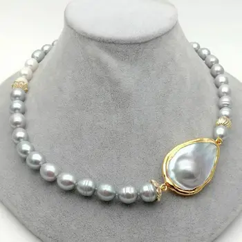 

19'' Cultured Gray Rice Pearl Necklace Teardrop Gray Mabe Pendant