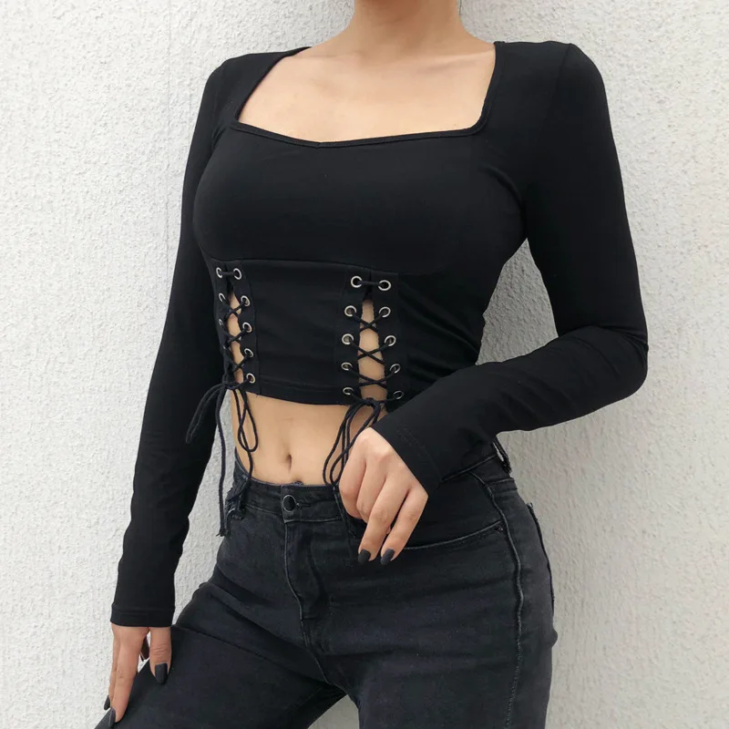 Black Dark Goth Women Short T-shirt Tight Tshirt Punk Lace-up Bandage Square Collar Sexy Gothic Cool Hollow Out Top 2020 Lady