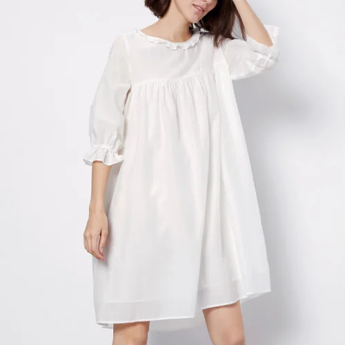 

Women Ruffle Sleeve Loose Silk Cotton Dress Simple Solid Color Sweet Short Sleeve Mini Dress