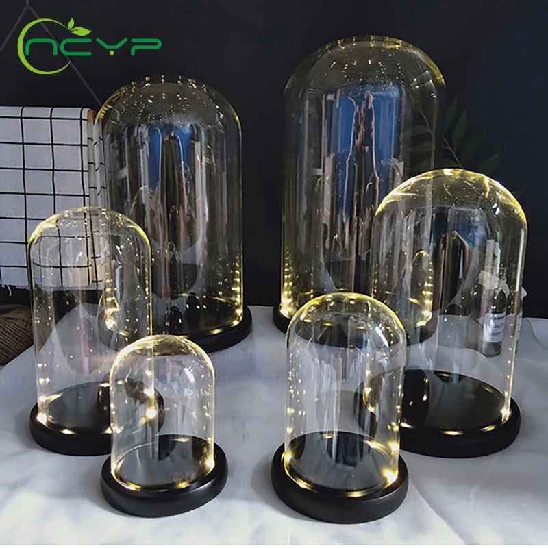 Glass display dome NCYP Blowing Crafts Home Decoration Eternal Flower Glass Dome Cover with Warm White Light Dust Cover Ornaments Black Base