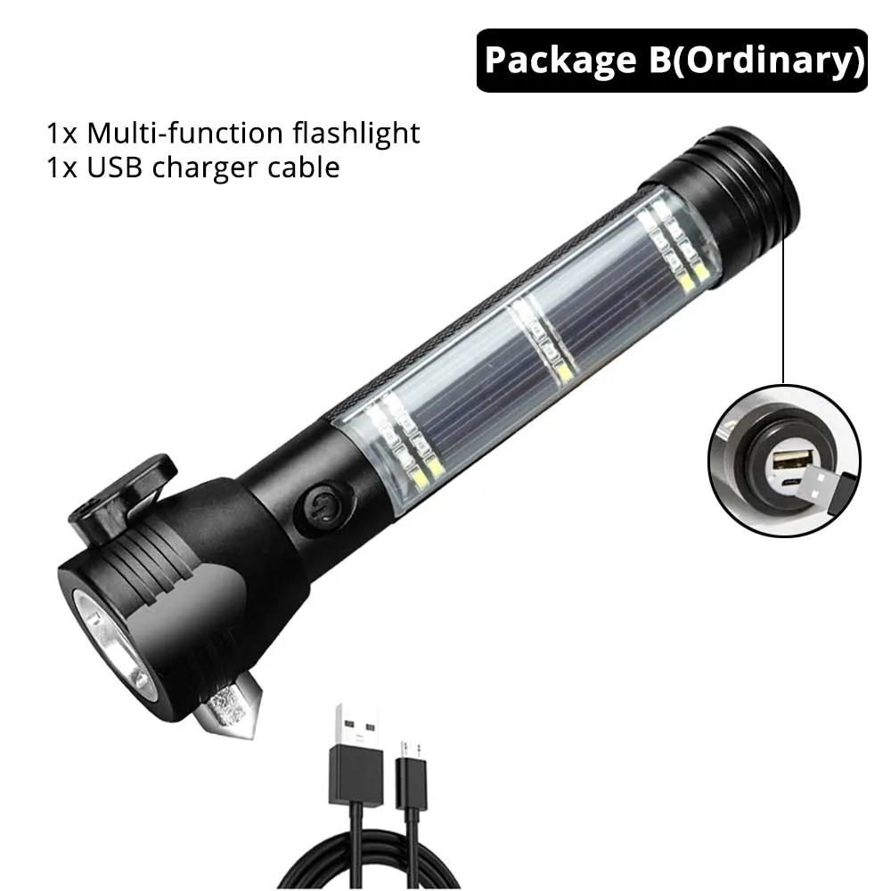Многофункциональный светодиодный фонарик с солнечной батареей и зарядкой через usb, аварийный фонарь, уличный инструмент, молоток безопасности с зарядкой, функция сокровища - Испускаемый цвет: Ordinary B