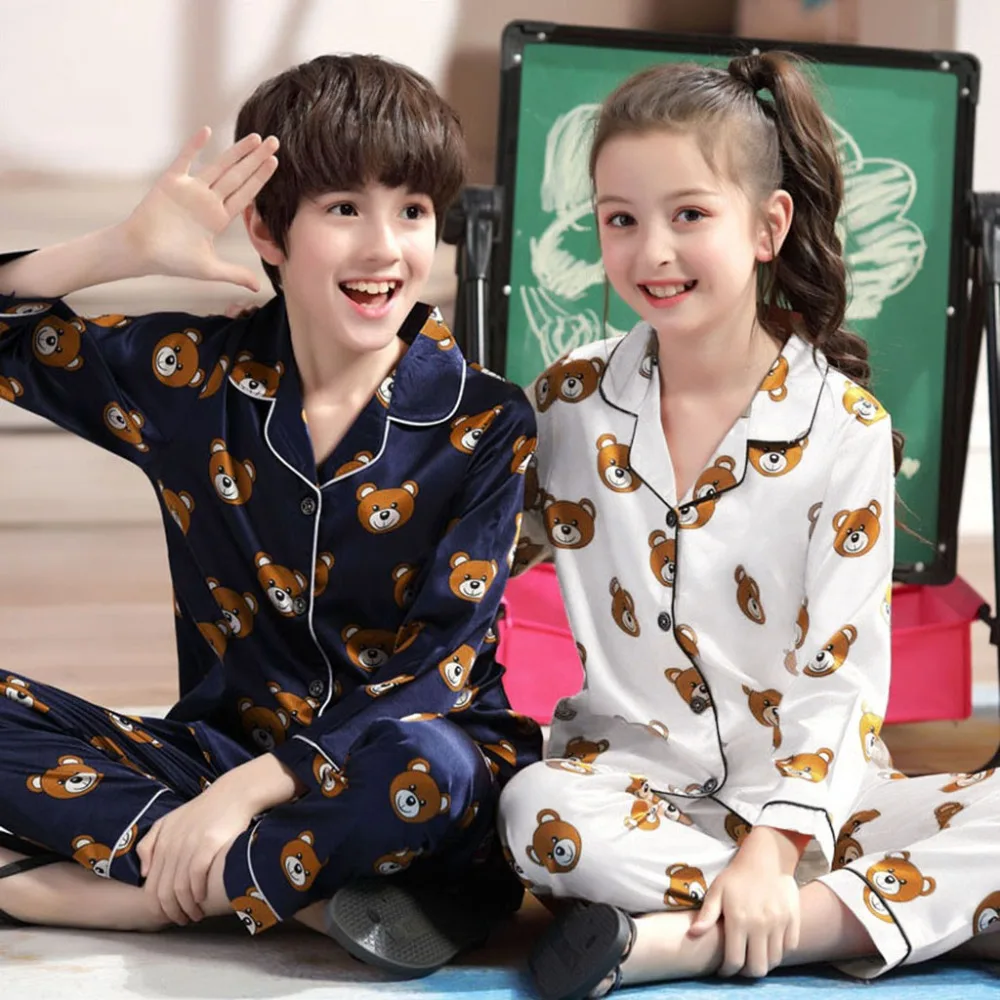 Unisex boy long sleeve cartoon bear shirt girls trousers pajamas set customized wholesale clothing термобелье для мальчика 40A1 (2)