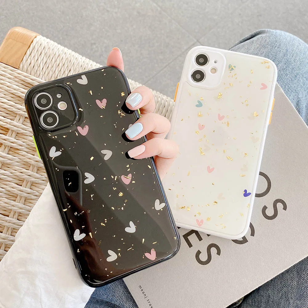 Блестящий Золотой чехол для телефона с сердечками из фольги iPhone 11 Pro Max XS XR X 7 8 Plus