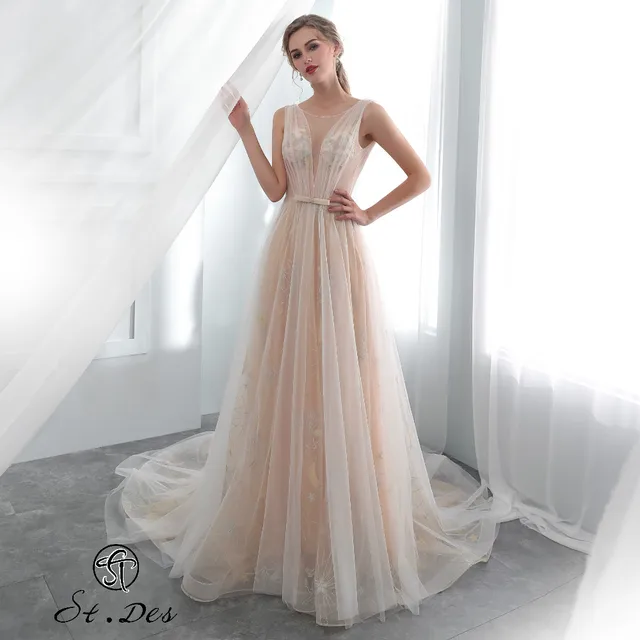 $ S.T.DES Evening Dress 2020 New Arrival A-line V-neck Champagne Sleeveless Designer Floor Length Party Dress Dinner Dress