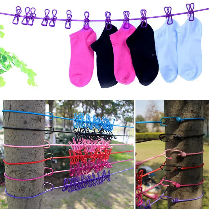 New Hot Portable Outdoor Windproof Clothesline Hanger Drying Rack Clothes Hanging Rope Line with 12 Clips USJ99