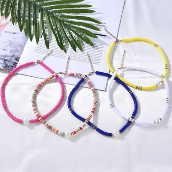 

Boho Polymer Clay Pearl Choker Necklace 6mm Bead Round Rinbow Flat Women Jewelry Christmas Gift Wholesale