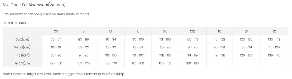 女士睡衣尺码表