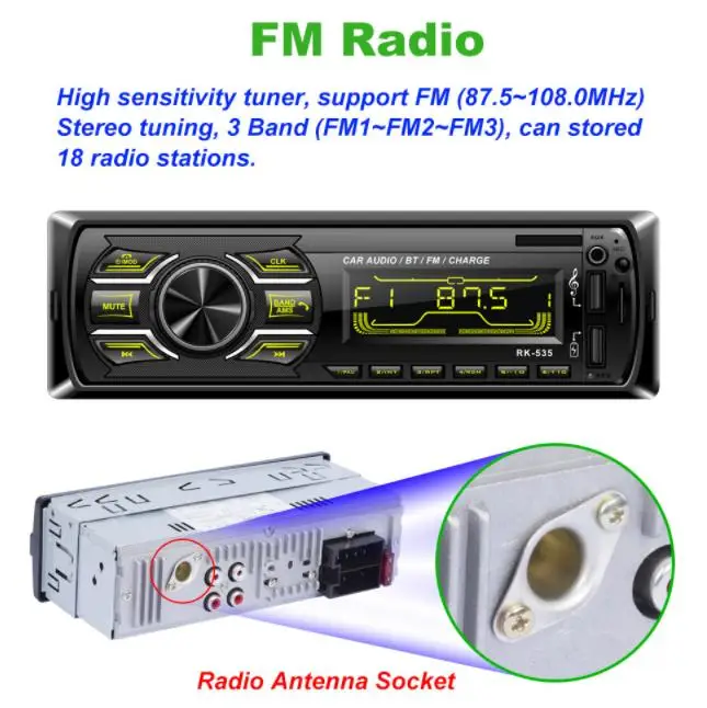 10pcs RK-535 One Din Car Radio FM DC 12V Fixed panel Car Audio MP3 WMA player Bluetooth USB Charger SD AUX SWC