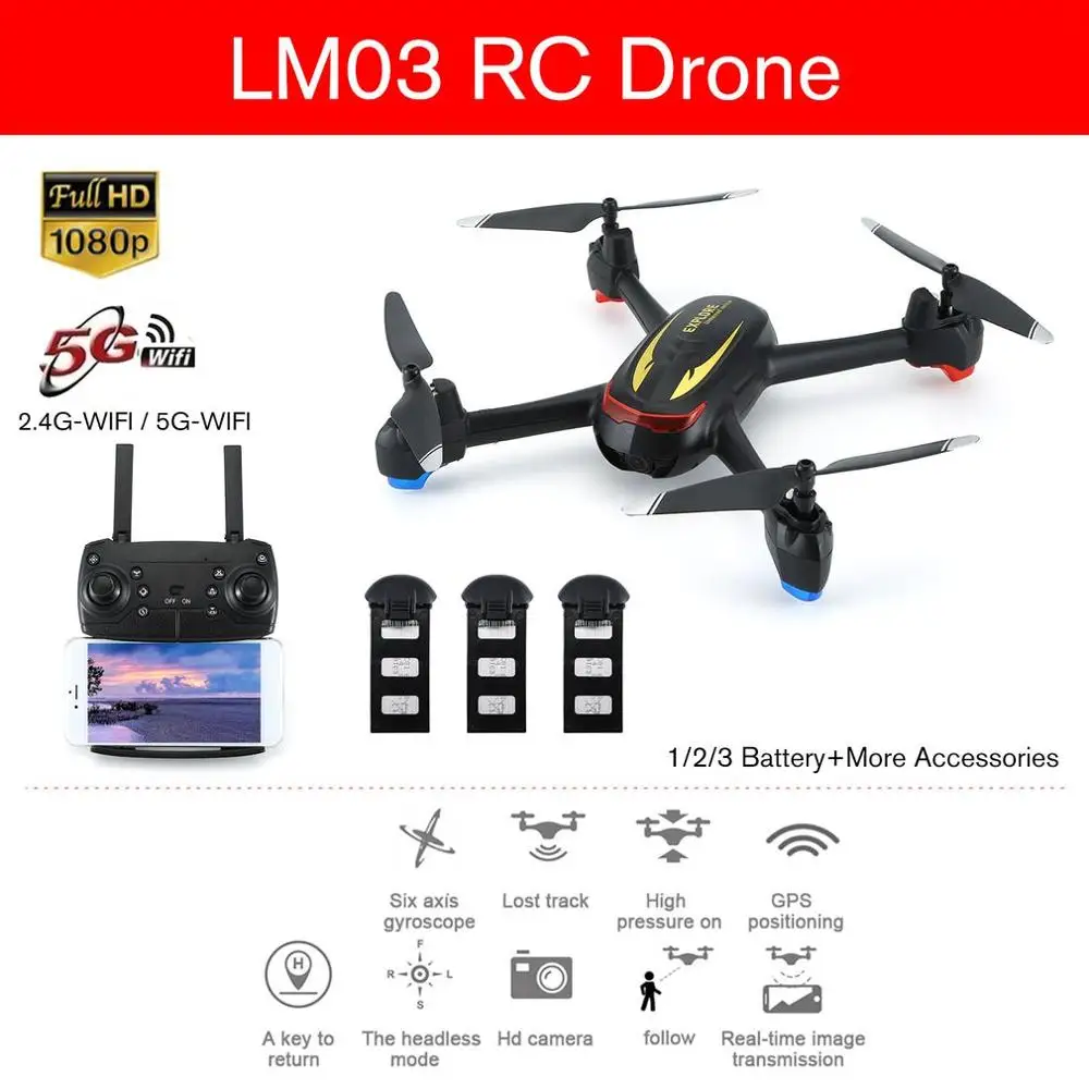 

2019New LM03 2.4G/5G WiFi FPV RC Drone with GPS 1080P HD Camera RC Helicopter Aircraft Altitude hold Aerial Video Toys For Kid