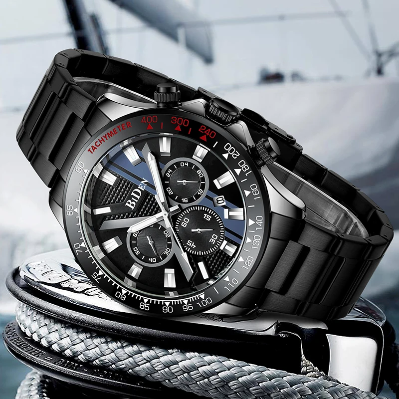 Top Brand Luxury Mens Watch Stainless Steel Quartz Wristwatch Multifunction Chronograph Luminous Clock Relogio Masculine