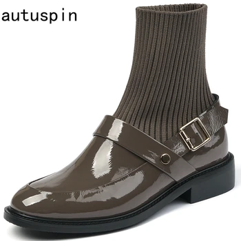 

Autuspin New Rome Knitting Ankle Boots Women Fashion Buckle Decoration Round Toe Low Heels Shoes Female Basic Short Boots Winter