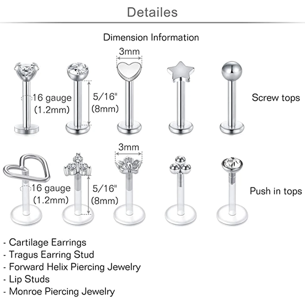 SCERRING 6 Pairs 16g Stainless Steel Jeweled Clear CZ Internally Threaded Labret Monroe Lip Tragus Cartilage Helix Earring Ring Body Piercing Jewelry 6-10mm 