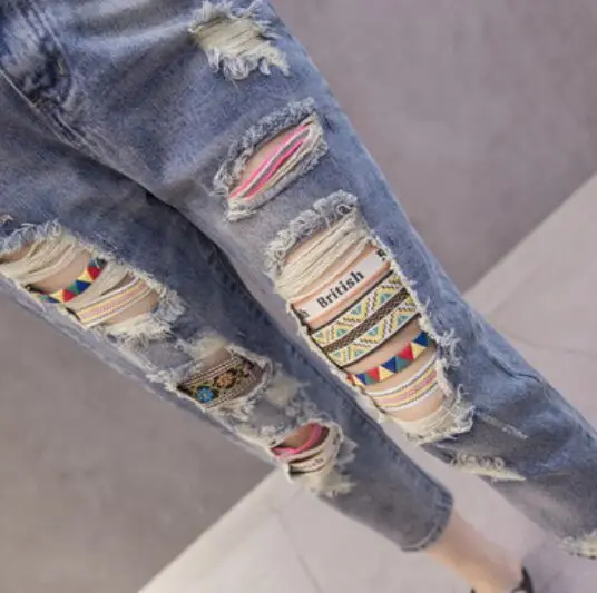 Женские летние брюки повседневные для дам Синие рваные винтажные цветные джинсы