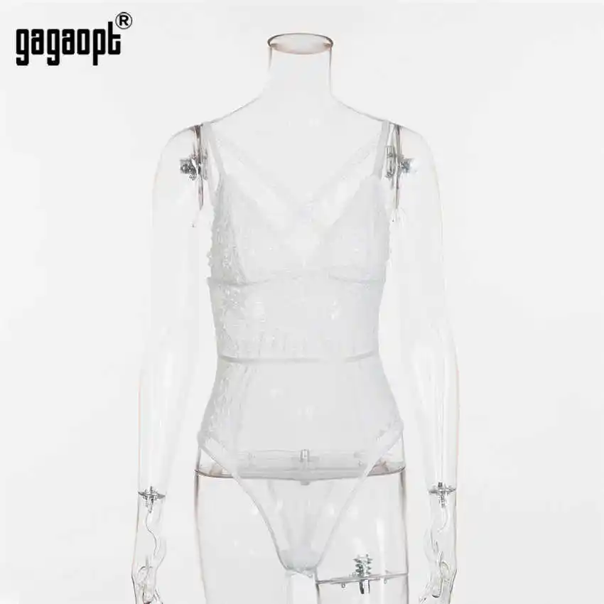 Gagaopt Сексуальное Кружевное боди Женская перспектива, бинты Сетчатое боди Черный Белый боди комбинезон Комбинезоны - Цвет: Белый