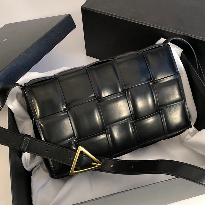 

Bag 2020 Golden Diamond Genuine Weave Cowhide Woman Messenger Soft Leather