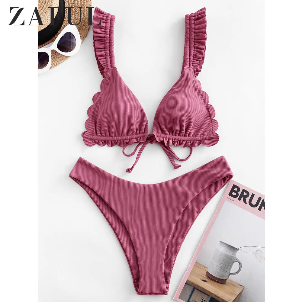 ZAFUL Ribbed Plunge Frilled Bikini Women Swimsuit High Cut Wire Free Bathing Suit Padded Swimwear 2020 Bikinis Set | Женская одежда