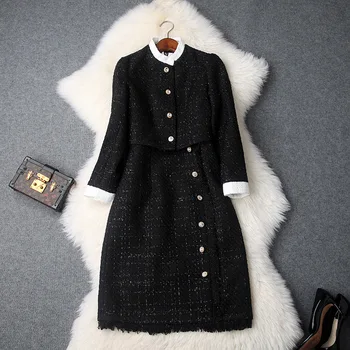 

Autumn Fashion New Plaid Tweed Suit 2019 Winter Korean Black Short Coat Tops Matching Sleeveless Dress 2 Piece Set Women Outfits